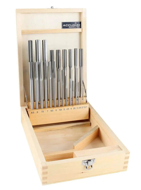 HSS Chucking Reamer Set 1 To 13 Mm By Half Millimeter In A Fitted Case 25 Piece Straight Shank Straight Flute Right Hand Cut Includes Wooden Case Model 5500 SB00 Accusize Industrial Tools displayed in an open wooden case.