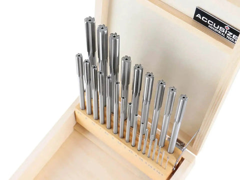 HSS Chucking Reamer Set 1 To 13 Mm By Half Millimeter In A Fitted Case 25 Piece Straight Shank Straight Flute Right Hand Cut Includes Wooden Case Model 5500 SB00 Accusize Industrial Tools.