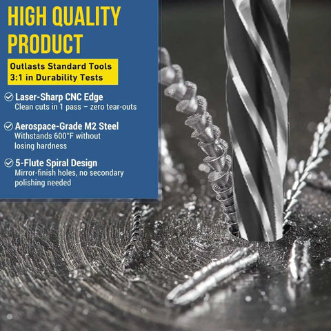 Five Piece Chucking Reamer Set In High Speed Steel For Metal Wood And Plastic With Spiral Flute Delivers Smooth Precise Hole Enlargement Without Chatter Or Burrs Ideal For Bridge Work And Diy Projects Enlarge Holes From Three Eighths To One Inch close-up of drill in use