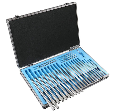 Open aluminum case of Accusize Industrial Tools 29 Pc Set 1/16 to 1/2 inch by 1/64 in HSS M2 Premium Chucking Reamers, Straight Flute, 5528-SF00.