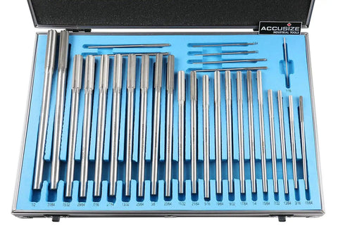 Accusize Industrial Tools 29 Pc Set 1/16 to 1/2 inch by 1/64 in HSS M2 Premium Chucking Reamers in aluminum case, 5528-SF00
