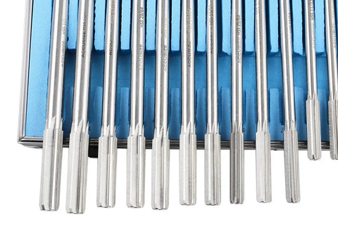 Close-up of Accusize Industrial Tools 29 Pc Set 1/16 to 1/2 inch by 1/64 in HSS M2 Premium Chucking Reamers in blue case