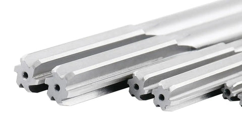 Close-up of straight-flute reamers from Accusize Industrial Tools 29 Pc Set 1/16 to 1/2 inch by 1/64 in HSS M2 Premium Chucking Reamers.