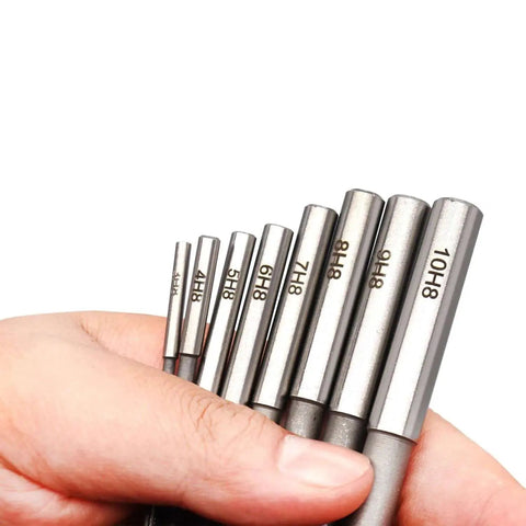 Hand holding HSS H8 Reamer Set 8 Piece Straight Shank Chucking Machine Cutter Milling Reamer Kit 3 4 5 6 7 8 9 10mm