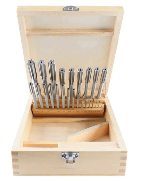 HSS Chucking Reamer Set 1 To 13 Mm By Half Millimeter In A Fitted Case 25 Piece Straight Shank Straight Flute Right Hand Cut Includes Wooden Case Model 5500 SB00 Accusize Industrial Tools