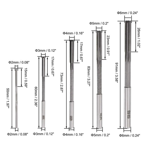 Chucking Reamer Set for Lathe Machine 2mm to 6mm High Speed Steel HSS Straight Flute Reamers with H8 Tolerance, 5-piece dimensions