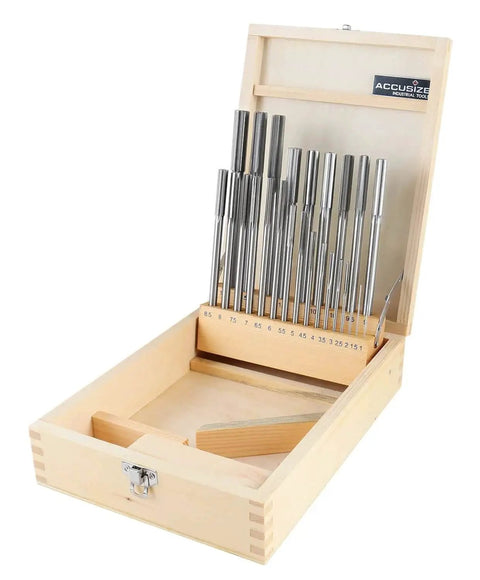 HSS Chucking Reamer Set 1 To 13 Mm By Half Millimeter In A Fitted Case 25 Piece Straight Shank Straight Flute Right Hand Cut Includes Wooden Case Model 5500 SB00 Accusize Industrial Tools. Open wooden case showing reamers.