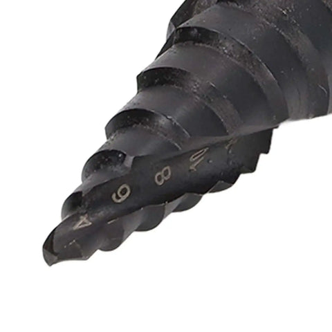 Close-up of Heavy Duty HSS Step Drill Bit and Hole Reamer With Pagoda Style Spiral Groove