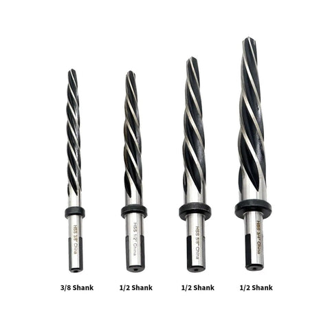 ProGrade HSS Taper Chucking Reamer Set For Drill Construction, 4-piece, with sizes 3/8, 1/2 shanks, tapered for precision drilling