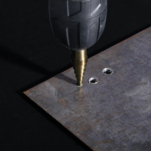 Drill using Step Drill Bit Set HSS Titanium Coated with Aluminum Case 50 Sizes in 5 Pieces for Metal Drilling on metal sheet