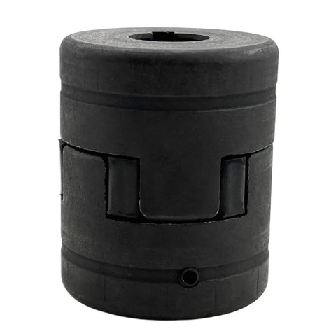 Flexible Five Eighths To Five Eighths L075 L Jaw Coupling Set with Rubber Spider, HT250 Cast Iron, blackened, front view