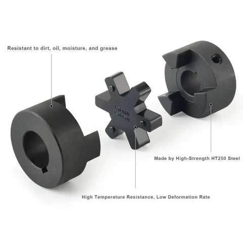 Durable L-Jaw 3/4 to 1 Inch Coupling Set with Buna N Rubber Spider, HT250 steel, 3-piece design, 3/4 and 1 inch bores for heavy machinery torque transfer.
