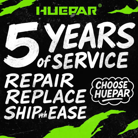 Huepar 5 years of service warranty with repair, replace, and shipping options highlighted on green and black background
