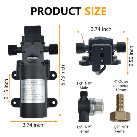 Image showing HUILING DC 12V Diaphragm Pump dimensions, including parts and fittings with 1/2" NPT connections.