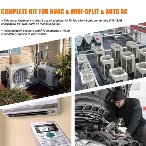 Complete HVAC and Auto AC kit with multiple air conditioning units and technician indicating compatibility with various systems.