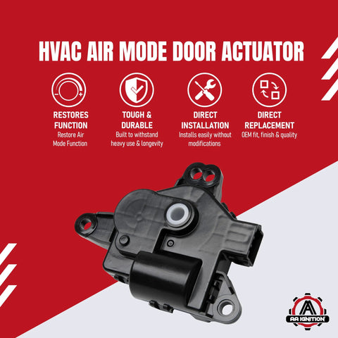HVAC air mode door actuator, left main vent control, black plastic module, AA Ignition logo visible