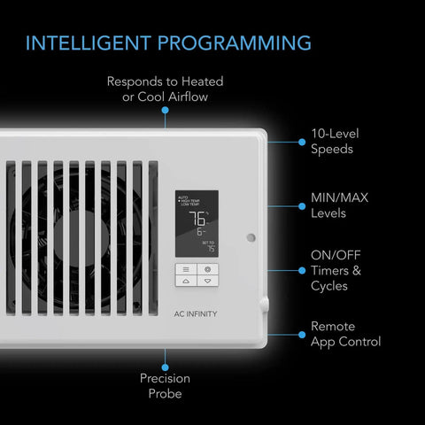 Boost Your Home HVAC Airflow With AIRTAP T6 6x10 Register Booster Fan For 6x10 Duct Openings showing control panel and fan grille.