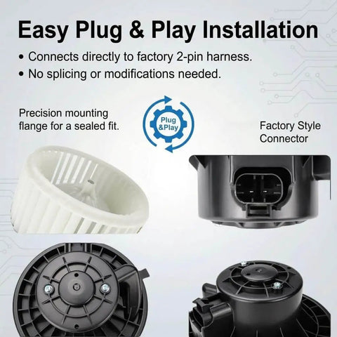 Visual showing HVAC Blower Motor Fan Assembly Drop In Replacement For Chevy Silverado Truck Tahoe Suburban GMC Sierra Yukon Cadillac Escalade 2007 To 2014 Front Heater Fan Replaces 15 81683 700164 with factory style connector and precision mounting flange.