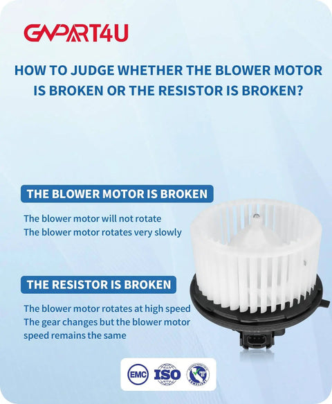 Front HVAC Blower Motor For Chevy Tahoe Suburban Silverado Avalanche GMC Yukon Sierra Cadillac Escalade 2007 2014 Drop In Replacement By GVPART4U Direct Fit with resistor.