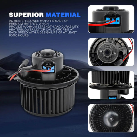 HVAC Blower Motor With Fan Cage Direct Fit Replacement For Chevy Silverado Tahoe Suburban Avalanche GMC Sierra Yukon Cadillac Escalade 1999 2000 2001 2002 2003 2004 2005 2006 2014 700089 showing multiple angles and details, focus on premium material and wiring.