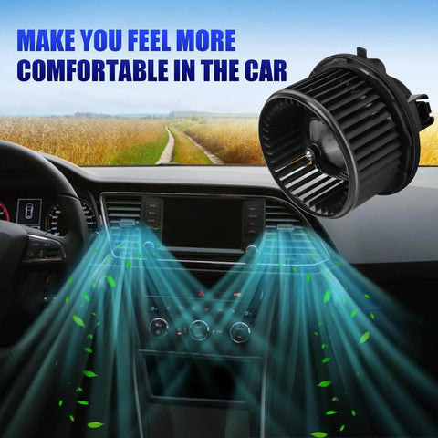 Front HVAC Blower Motor With Fan Replacement For 2007 2014 Chevy Silverado 1500 2500 3500 Suburban Tahoe Avalanche GMC Sierra Yukon Cadillac Escalade Easy Install Direct Swap shown floating in car interior with air circulation