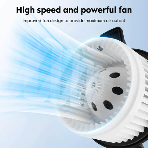 Close-up of high-speed front HVAC blower motor fan for Dodge Durango and other models, demonstrating air output.