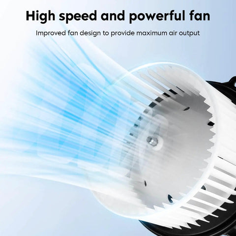 Close-up of HVAC Blower Motor Fan For Ford Expedition 2009 To 2017, Ford F150 2009 To 2014, Lincoln Navigator 2009 To 2014 Replacement Part 700237 AL1Z19805A showing high-speed airflow with white fan blades.