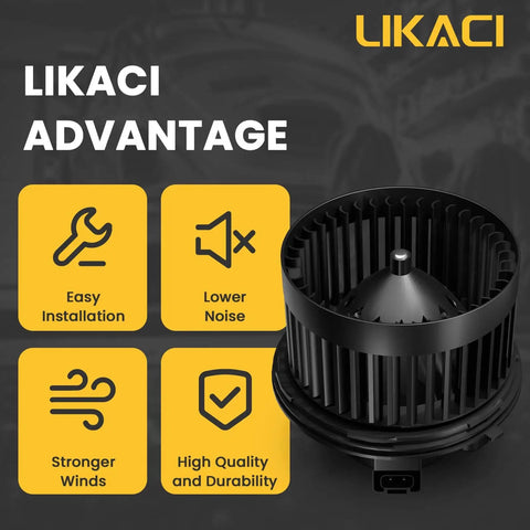 Front HVAC Blower Motor 700089 For Chevrolet Tahoe 2000 2006 Silverado Avalanche Suburban GMC Sierra Yukon Cadillac Escalade Replacement Fan Fits Front Cabin Climate Control Likaci, showcasing installation and quality features.
