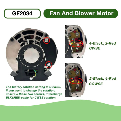 One Third HP Blower Motor For HVAC Systems 115V 60Hz 1725 RPM 48 Frame Belt Drive, rear view detailing wiring configuration.