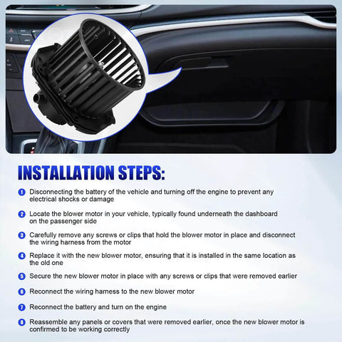 Installation guide for Premium Direct Fit HVAC Blower Motor With Fan For 1997 1998 1999 2000 Chevy Silverado Suburban Tahoe GMC Sierra Yukon 1500 2500 C1500 C2500 K1500 K2500 Cadillac Escalade Replaces OEM 700100
