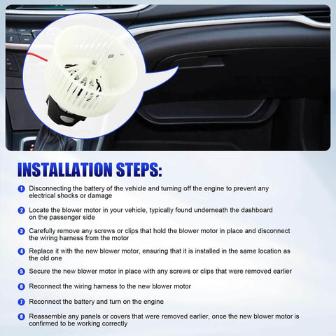 Installation steps for HVAC Heater Blower Motor With Fan For BMW 5 Series 528i 535i 550i 640i 650i 740i 750i 740Li 750Li 2011 2016 Replacement AC Fan Replaces 700294 Direct Fit Replacement Plug And Play Easy Install OEM Quality Climate Control Component