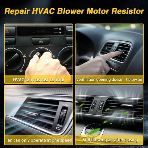 Four-panel image illustrating HVAC issues in a vehicle, such as blower speed problems and air ventilation malfunction.