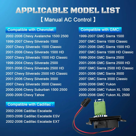 HVAC Blower Motor Resistor for GM Trucks and SUVs compatibility list with image of resistor unit