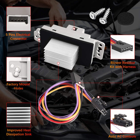 HVAC Blower Motor Resistor Kit With Harness For Chevy Silverado Tahoe Suburban Avalanche Trailblazer GMC Sierra Envoy Yukon XL Replaces 89018778 89019351 19260762 RU-631 showing electrical connector, harness, and mounting holes.