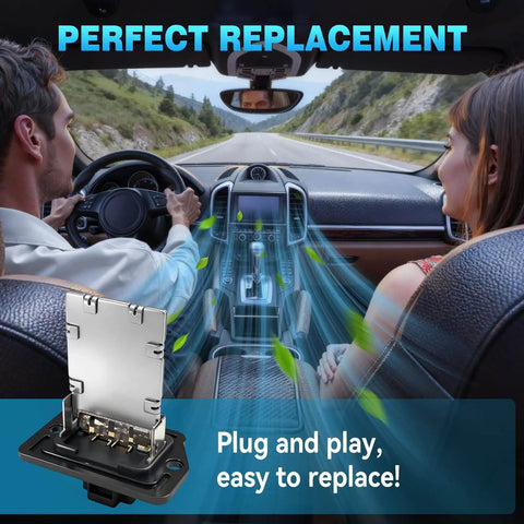HVAC Blower Motor Resistor Replacement For Kia Optima Sorento Soul Forte Koup Sedona Santa Fe Elantra Sonata Elantra GT Azera And Hyundai Elantra Coupe Elantra Sport Replacement RU656 shown in car interior.