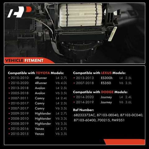 Premium HVAC Heater Blower Motor With Fan Cage Replacement For Toyota and Lexus, vehicle compatibility guide displayed