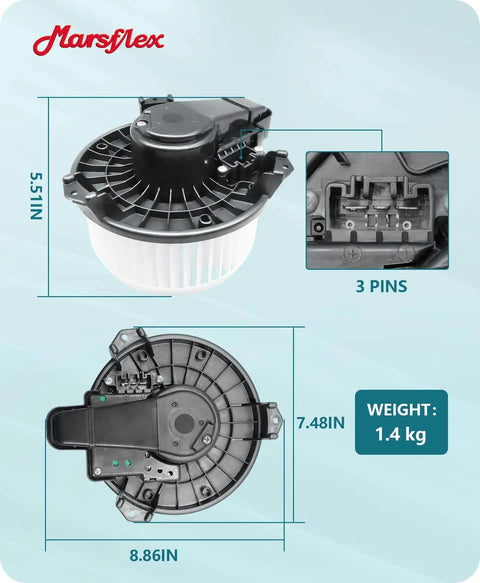 Front HVAC Blower Motor Replacement For Toyota And Lexus By Marsflex Plug And Play Fit dimensions and connector details.