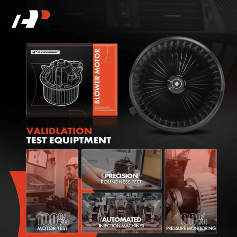 HVAC Heater Blower Motor With Fan Cage for 2007 Through 2014 Chevrolet Silverado Tahoe Suburban Avalanche GMC Sierra Yukon Cadillac Escalade Hummer Vehicles, Rock Solid OEM Style Replacement, Easy Install, Keeps Cabin Cozy, shown with packaging and validation test equipment visuals.