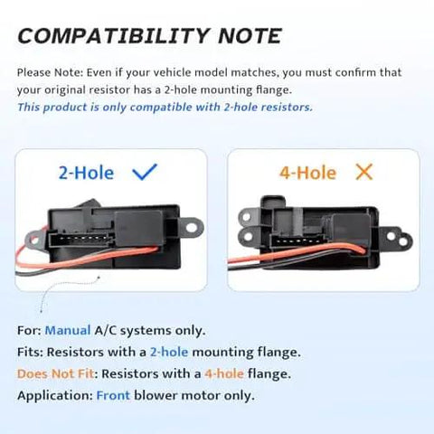Front HVAC Blower Motor Resistor Kit For Chevy Silverado Trucks 1500 2500 3500 Tahoe Suburban Avalanche GMC Sierra Yukon XL Cadillac Escalade 1999 To 2006 Replacement AC Climate Control Module compatibility note showing correct 2-hole and incorrect 4-hole resistors for manual AC systems