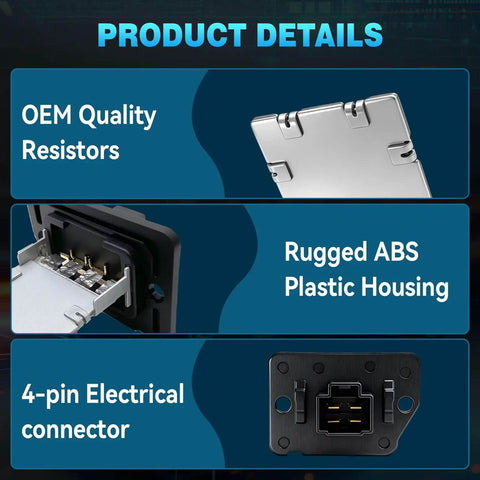 HVAC Blower Motor Resistor Replacement For Kia Optima Sorento Soul Forte Koup Sedona Santa Fe Elantra Sonata Elantra GT Azera And Hyundai Elantra Coupe Elantra Sport Replacement RU656 showing product details including OEM quality resistors, ABS plastic housing, and 4-pin connector.
