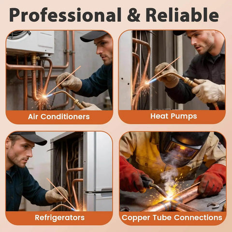 Pro Grade Silver Brazing Rods Set RIZENCE Fifteen Percent Silver AWS BCuP-5 Phos Copper Brazing Alloys for HVAC applications, focusing on use in air conditioners, heat pumps, refrigerators, copper tube connections.