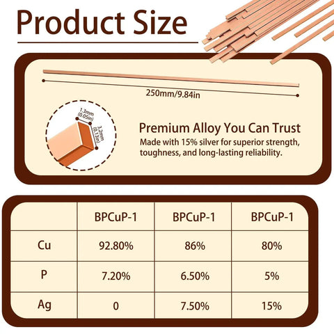 Diagram showing specifications of 50 Sticks BCuP-5 Brazing Rods With Fifteen Percent Silver For Phos Copper Welding 0.050 Inch Diameter By 10 Inch Length Industry Grade For HVAC Pros Air Conditioning Refrigeration Cold Storage Equipment. Includes alloy composition table and rod size illustration.