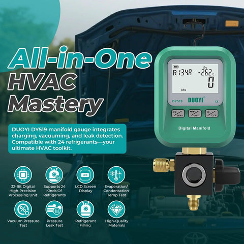 DUOYI DY519 3-in-1 HVAC digital manifold with LCD display, brass fittings, green housing and R134a readout