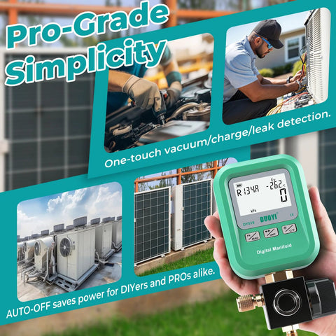 Green DUOYI DY519 3-in-1 HVAC digital manifold gauge for charging, vacuum testing, leak detection; with R134a readout