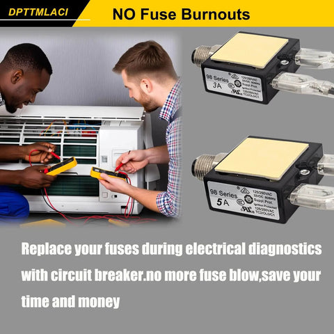 Resettable Fuse Kit For HVAC Circuit Breakers, 3A And 5A Dual Pack with testers shown in use on AC unit for electrical troubleshooting