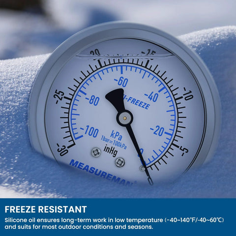 MEASUREMAN HVAC compound gauge, 2.5-inch dial, stainless steel case, front view on snow