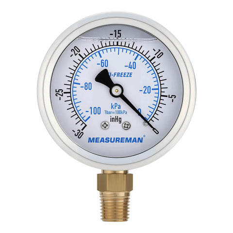 MeasureMan 2-1/2 in HVAC compound gauge with 30 inHg vacuum, silicone oil filled, stainless steel case, 1/4 NPT lower mount