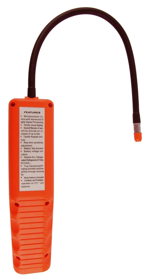 Elitech CPU-1G HVAC leak detector, orange handheld unit with flexible black gooseneck probe.