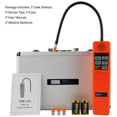 Elitech CPU-1G HVAC leak detector handheld orange unit with 3 sensor tips and 2 batteries beside silver case