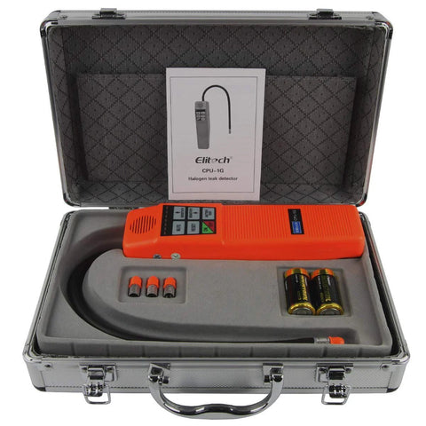 Elitech CPU-1G HVAC leak detector in orange handheld unit with case, adapters, and batteries.